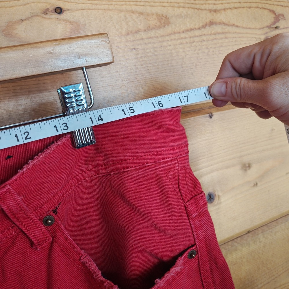 Akoo red cotton denim jeans size 34 32" inseam [Needs Cleaning] Button Fly - Picture 6 of 9